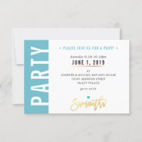 PARTY CARD cute turquoise blue white hearts gold