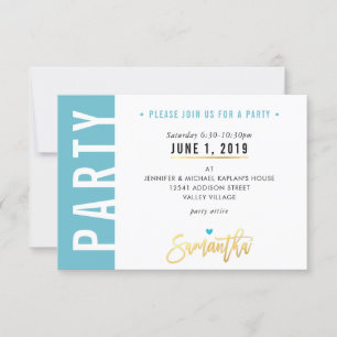 PARTY CARD cute turquoise blue white hearts gold