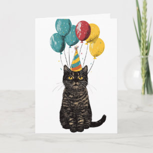 Party Cat Birthday Card – Cute Black Cat with Ball