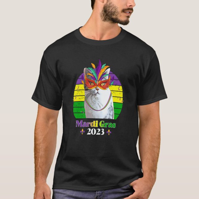 Party Cat Mask Beads Mardi Gras 2023  14 T-Shirt (Front)
