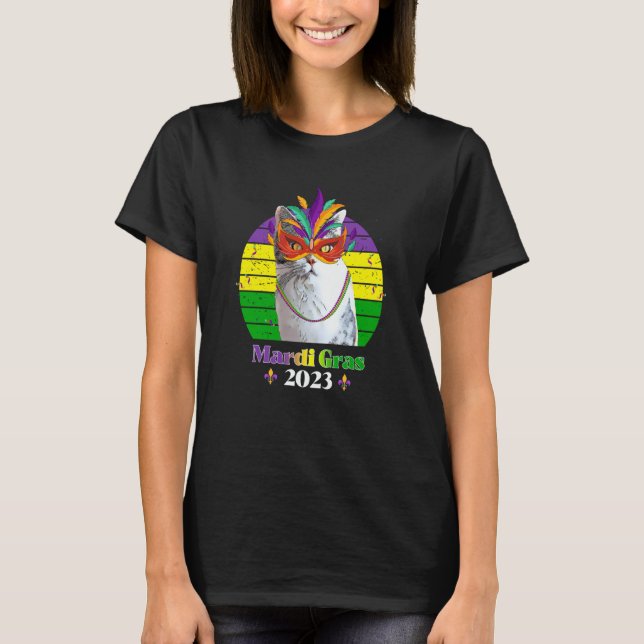 Party Cat Mask Beads Mardi Gras 2023  14 T-Shirt (Front)