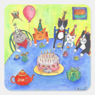 Party Cats!  Birthday kitty cats fun funny cards Square Sticker