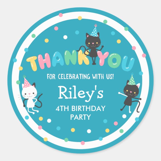 Party Cats Kids Birthday Party Thank You Classic Round Sticker (Front)