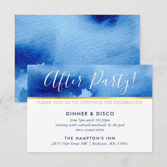 PARTY CELEBRATION CARD gold smart blue watercolor (Front/Back)