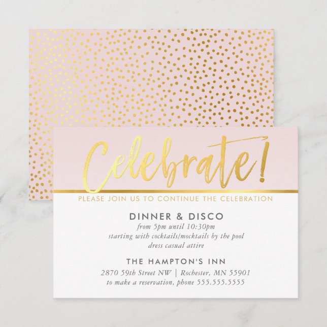 PARTY CELEBRATION CARD pale blush pink faux gold (Front/Back)