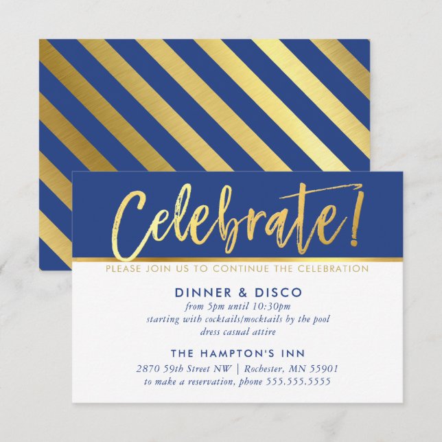 PARTY CELEBRATION CARD royal blue faux gold type (Front/Back)