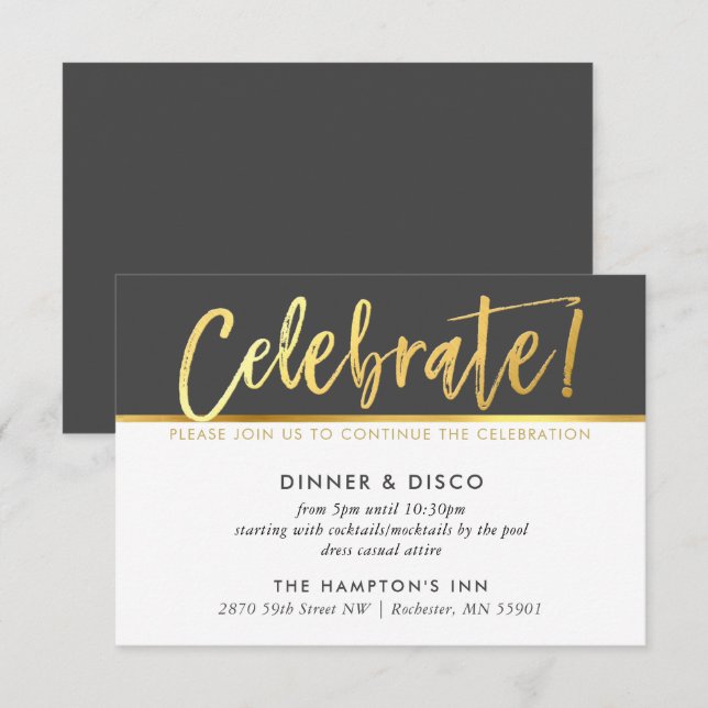 PARTY CELEBRATION DETAILS dark grey gold script Invitation (Front/Back)