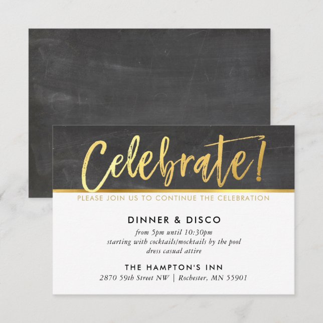 PARTY CELEBRATION DETAILS grey chalkboard gold Invitation (Front/Back)