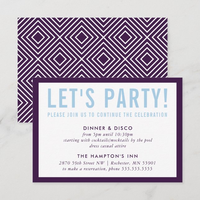 PARTY CELEBRATION INFO modern bold aubergine blue Invitation (Front/Back)