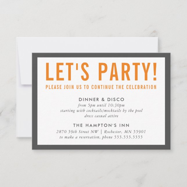 PARTY CELEBRATION INFO modern bold grey orange Invitation (Front)