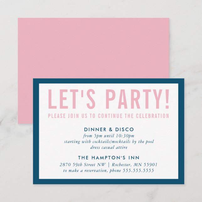 PARTY CELEBRATION INFO modern bold navy blue pink Invitation (Front/Back)