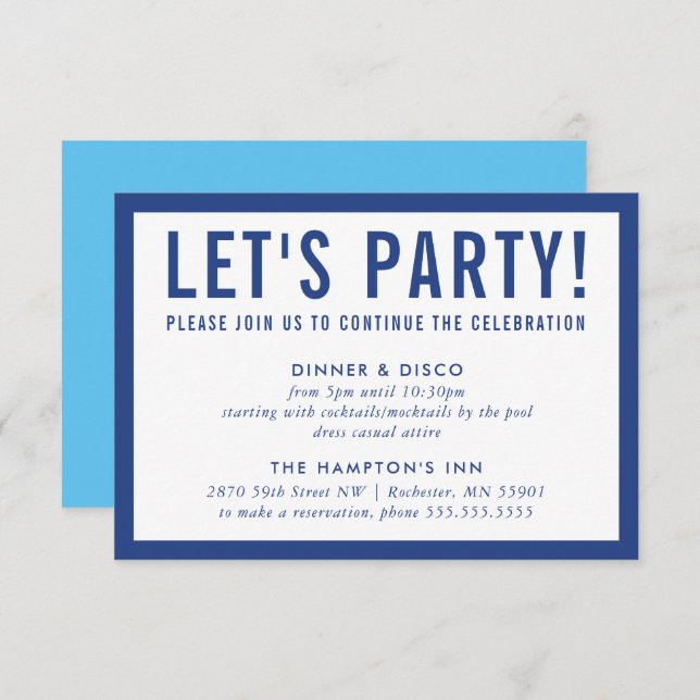 PARTY CELEBRATION INFO simple modern bold blue Invitation (Front/Back)