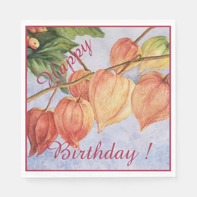 Party Celebration Orange Chinese Lantern Flowers Napkin (Front)