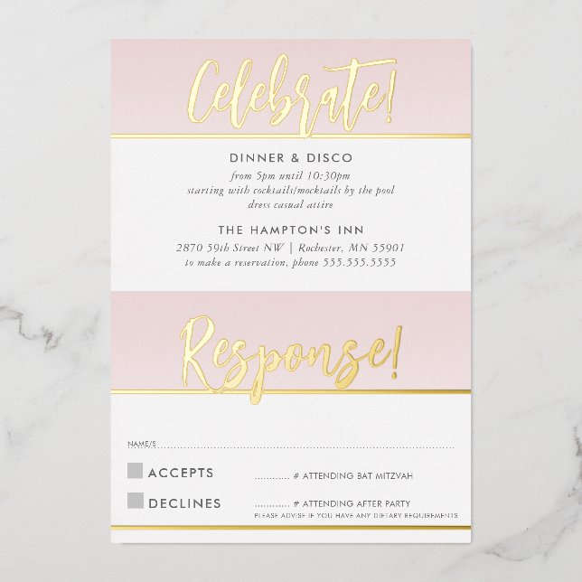 PARTY CELEBRATION & RESPONSE CARD pink gold (Front)
