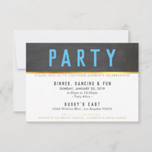 PARTY CELEBRATION smart bold type gold grey aqua RSVP Card