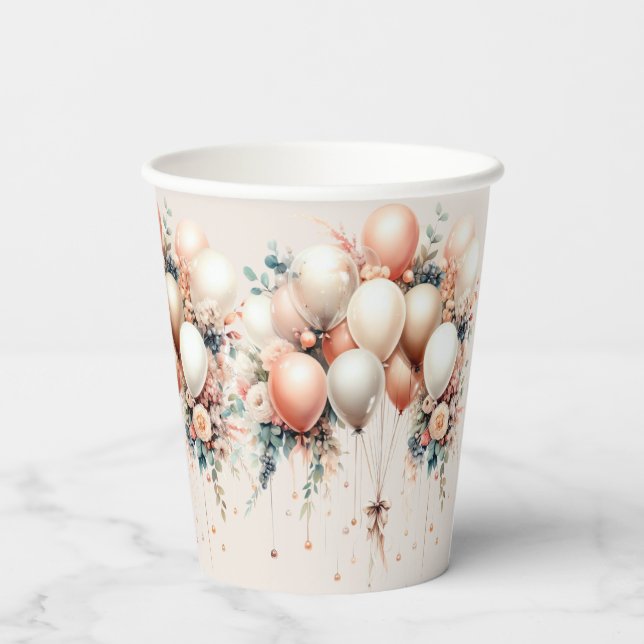 Party Colourful White Peach Floral Balloons Elegan Paper Cups (Back)