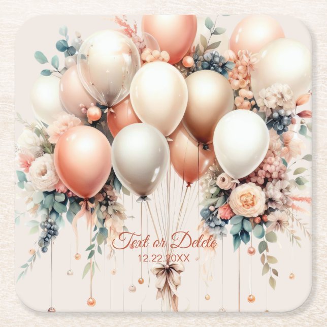 Party Colourful White Peach Floral Balloons Elegan Square Paper Coaster (Front)