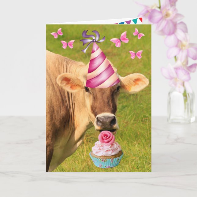 Party Cow And Cupcake Birthday Card (Orchid)