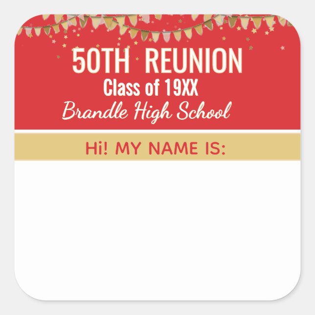 Party! Custom 50th Reunion Red Name tag sticker (Front)