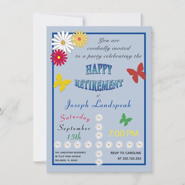 Party Daisies & Butterflies for Happy Retirement  Invitation (Front)