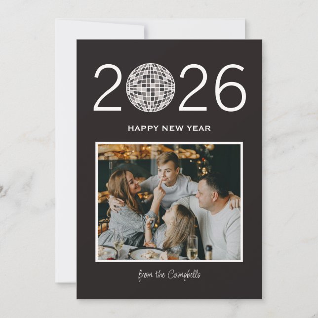 Party disco ball big modern photo new year card  (Front)