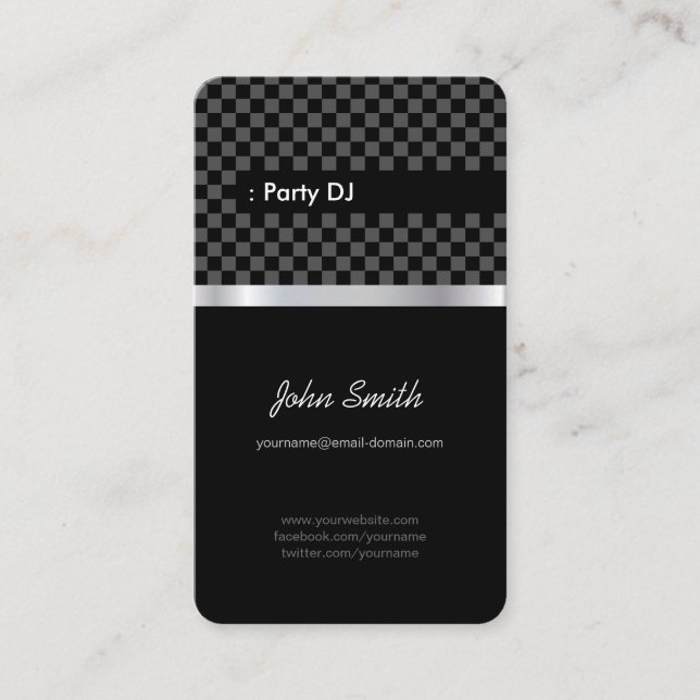Party DJ - Elegant Black Chequered Business Card (Front)