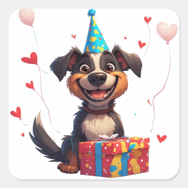 🐕 Party Dog With Birthday Hat And Gift Square Sticker (Front)