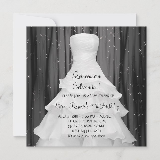 Party Dress Black White Quinceanera Invitations (Front)