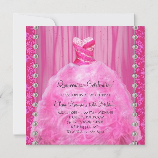 Party Dress Pearls Hot Pink Quinceanera Invitation (Front)