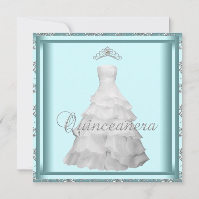 Party Dress Tiara Teal Blue White Quinceanera Invitation (Front)