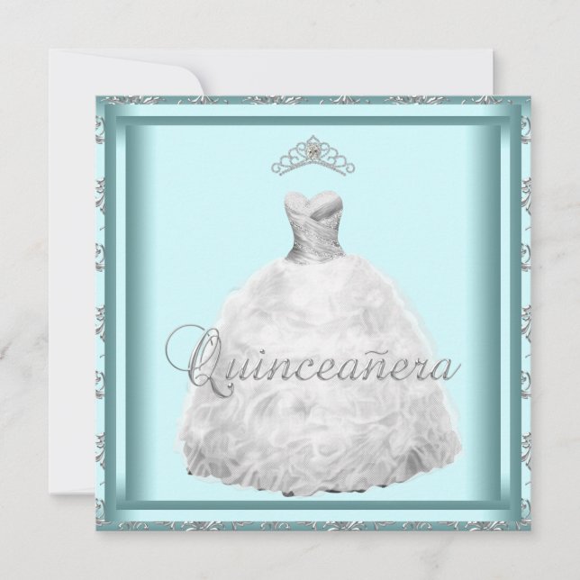 Party Dress Tiara Teal Blue White Quinceanera Invitation (Front)