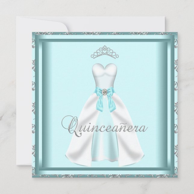 Party Dress Tiara Teal Damask Quinceanera Invitation (Front)