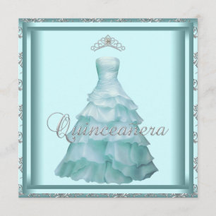 Party Dress Tiara Teal Damask Quinceanera Invitation