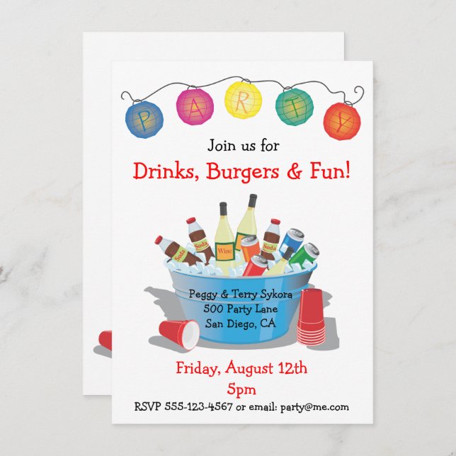 Party Drinks Invitation with wine, soda and beer (Front/Back)