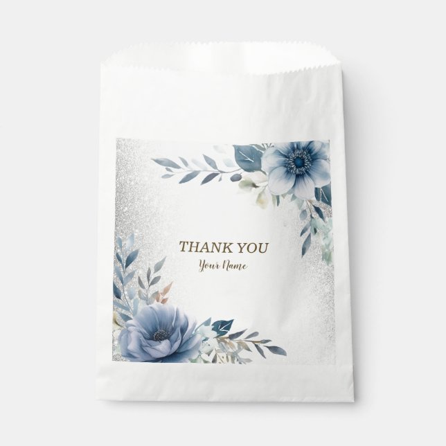Party Dusty Blue Watercolor Flowers Silver Elegant Favour Bags (Front)