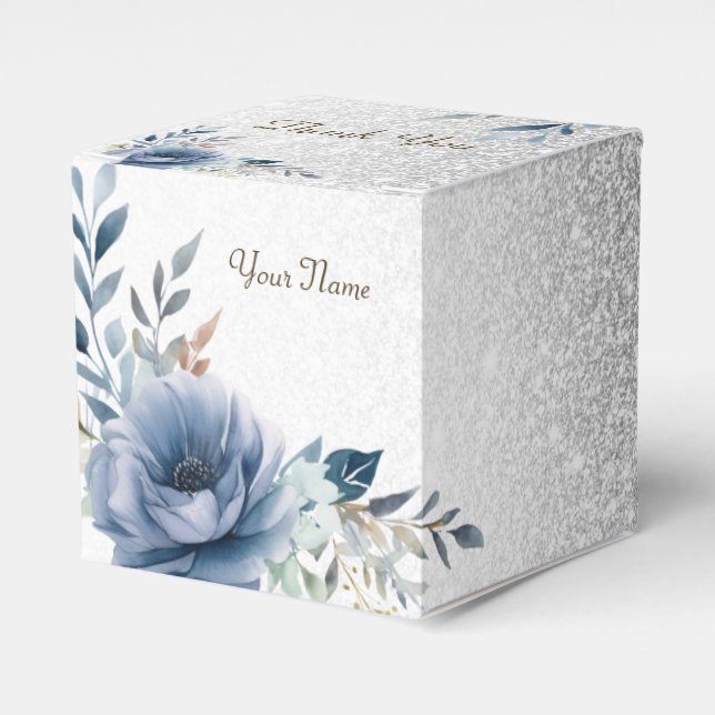 Party Dusty Blue Watercolor Flowers Silver Elegant Favour Box (Front Side)