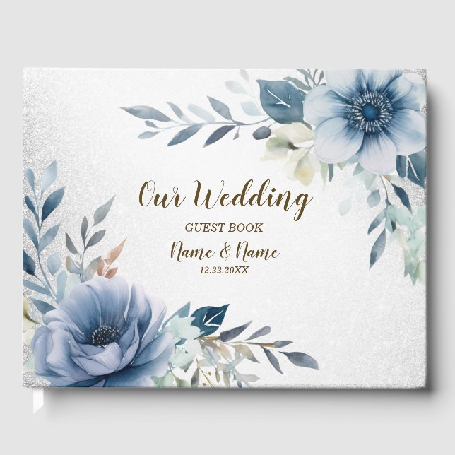 Party Dusty Blue Watercolor Flowers Silver Elegant Guest Book (Front)