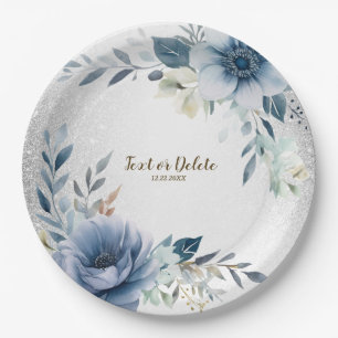 Party Dusty Blue Watercolor Flowers Silver Elegant Paper Plate