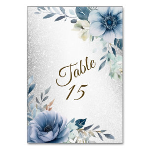 Party Dusty Blue Watercolor Flowers Silver Elegant Table Number