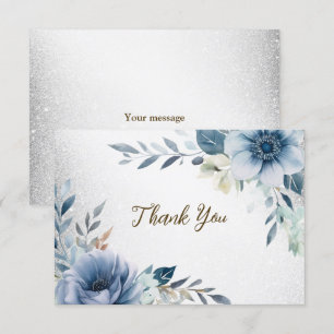 Party Dusty Blue Watercolor Flowers Silver Elegant Thank You Card
