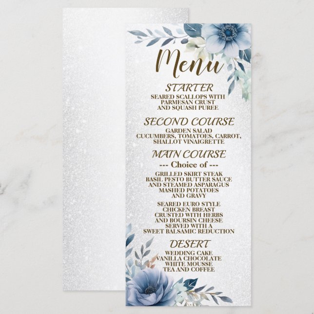 Party Dusty Blue Watercolor Flowers Silver Shiny Menu (Front/Back)