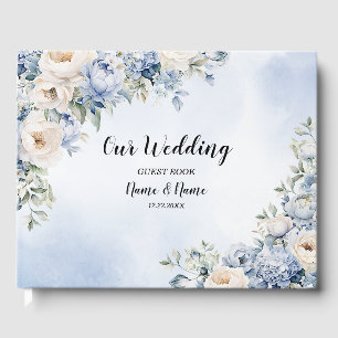 Party Dusty Blue Watercolor Ivory Flowers Leaves Guest Book