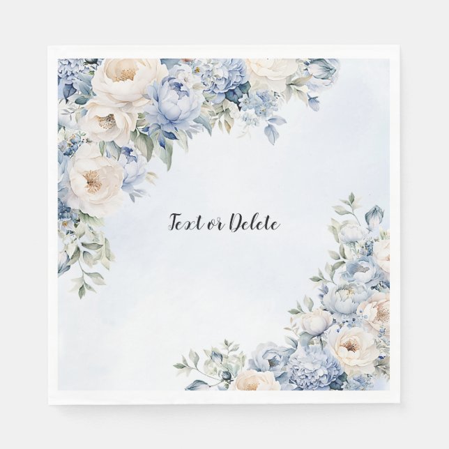 Party Dusty Blue Watercolor Ivory Flowers Leaves Napkin (Front)