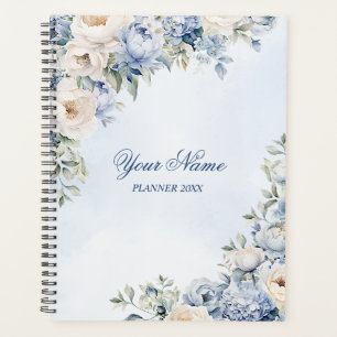 Party Dusty Blue Watercolor Ivory Flowers Leaves Planner