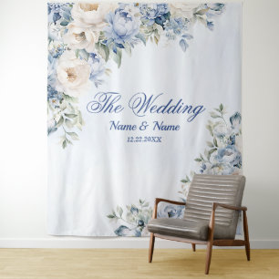 Party Dusty Blue Watercolor Ivory Flowers Leaves Tapestry