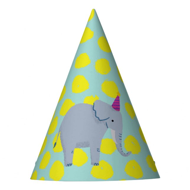 Party Elephant Yellow Dots on Aqua Party Hat (Front)
