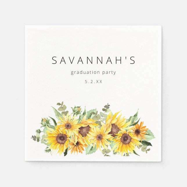 Party Event Sunflower & Eucalyptus Floral Name Napkin (Front)