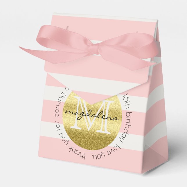 Party Favour Monogram Gold Glitter Pink Stripes Favour Box (Front Side)