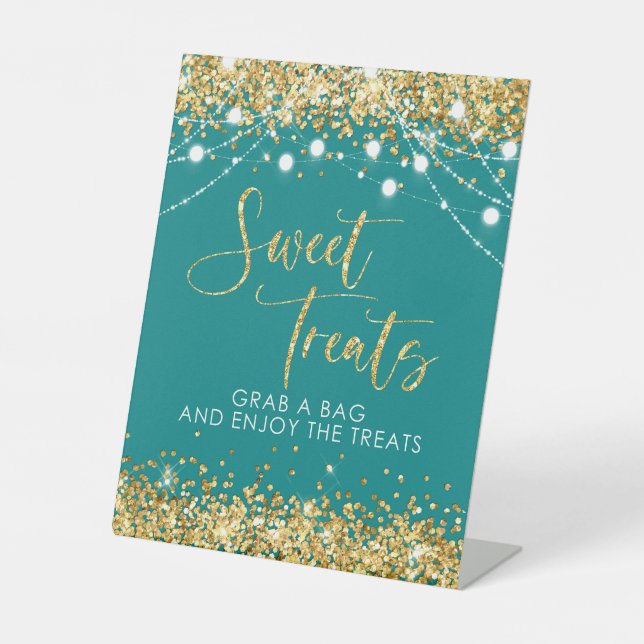 Party favour Sweet Treats Sign Teal Gold (Front)
