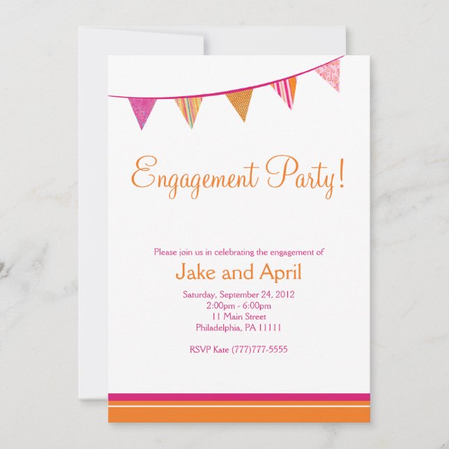 Party Flags Engagement Party - Pink & Orange Invitation (Front)